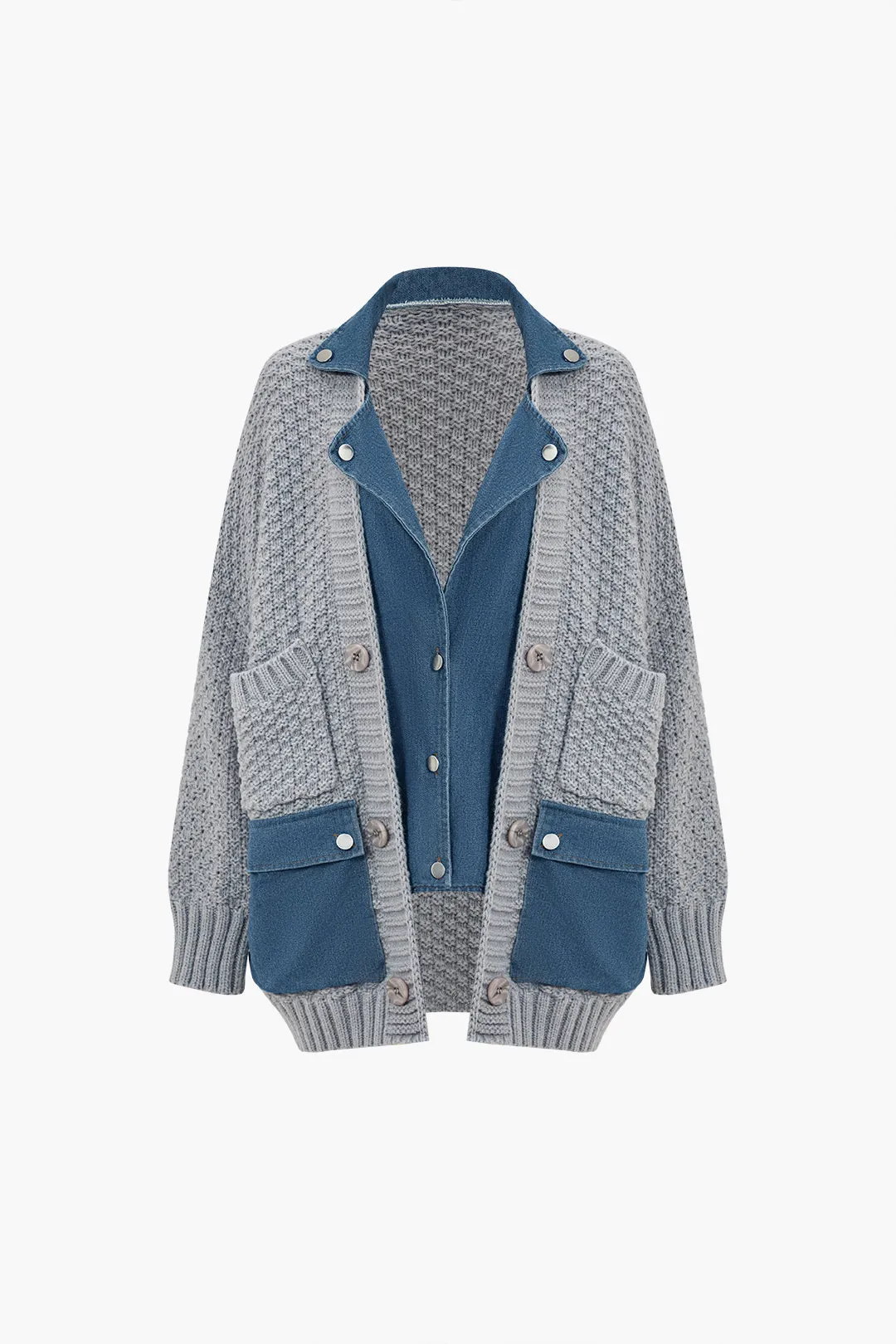 Denim patchwork lomme sweater cardigan sold by Micas