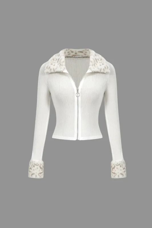 Faux Fur Trim Zip-Up Ribbed Sweater Cardigan sold by Micas