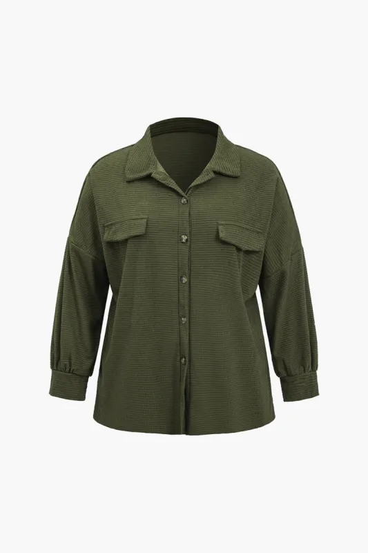 Plus størrelse solid knap lomme langærmet skjorte sold by Micas