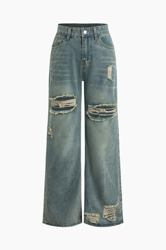 Retro Print Washed Ripped Asymmetrical Jeans sold by Micas