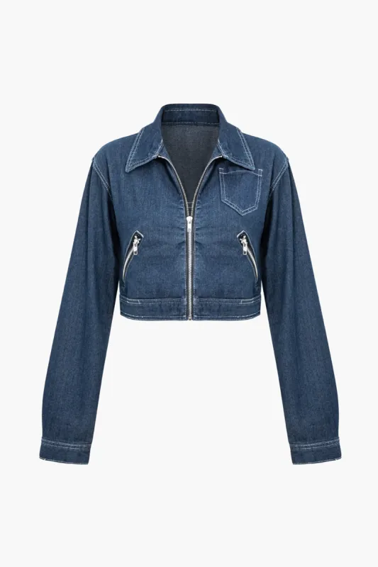 Solid kontrast bindende lomme lynlås Denim overtøj sold by Micas