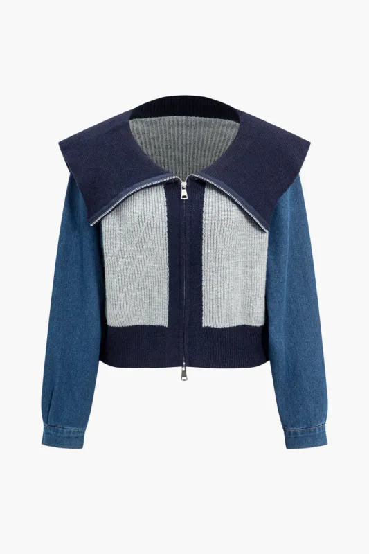 Knit Patchwork Zipper Sweater Cardigan sold by Micas