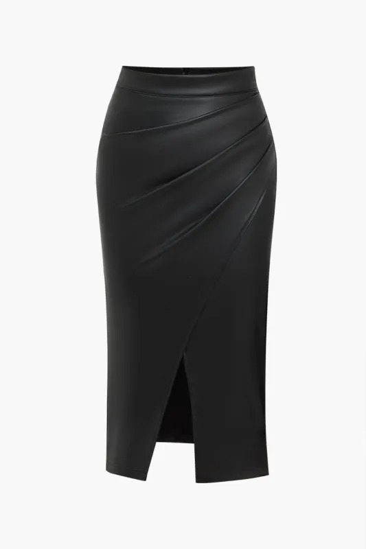 Solid faux læder høj talje ruched lynlås nederdel sold by Micas