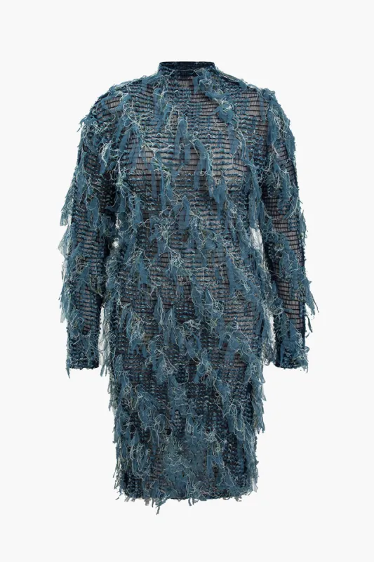 Plus Size Sheer Mesh Fringe Long Sleeve Mini Dress sold by Micas