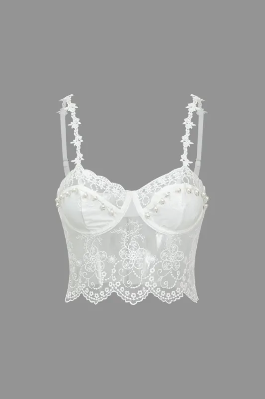 Solid Lace Cami Top With Pearls And Embroidery Details sold by Micas
