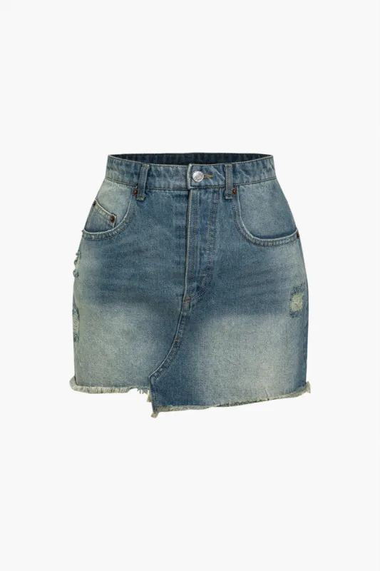 Solid Washed Denim Skirt With Pocket And Frayed Detail sold by Micas