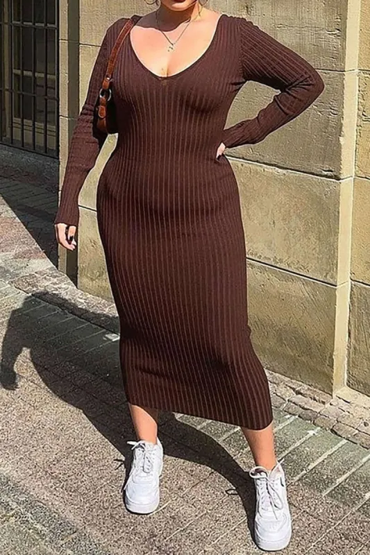 Plus Size Ribbed V-Neck Bodycon Midi Dress sold by Micas