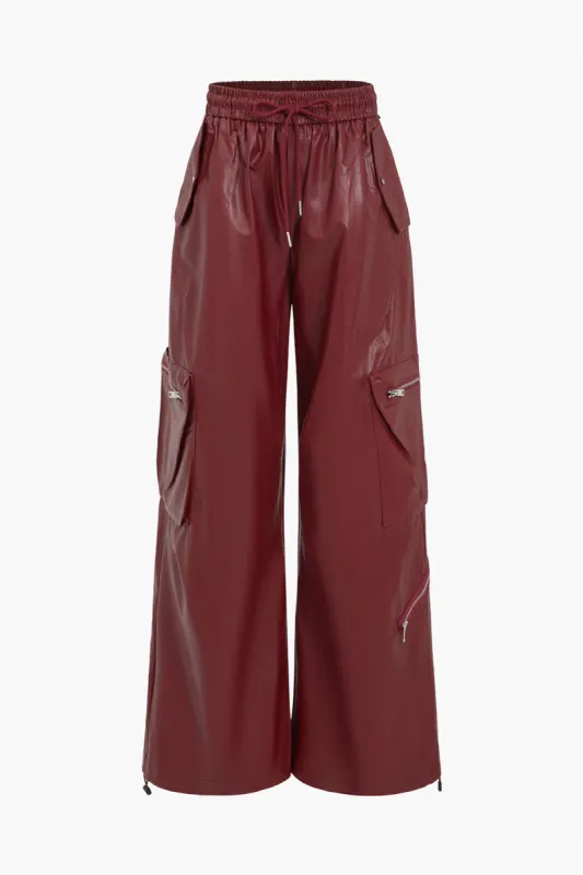 Faux Leather Drawstring Waist Cargo Pants sold by Micas
