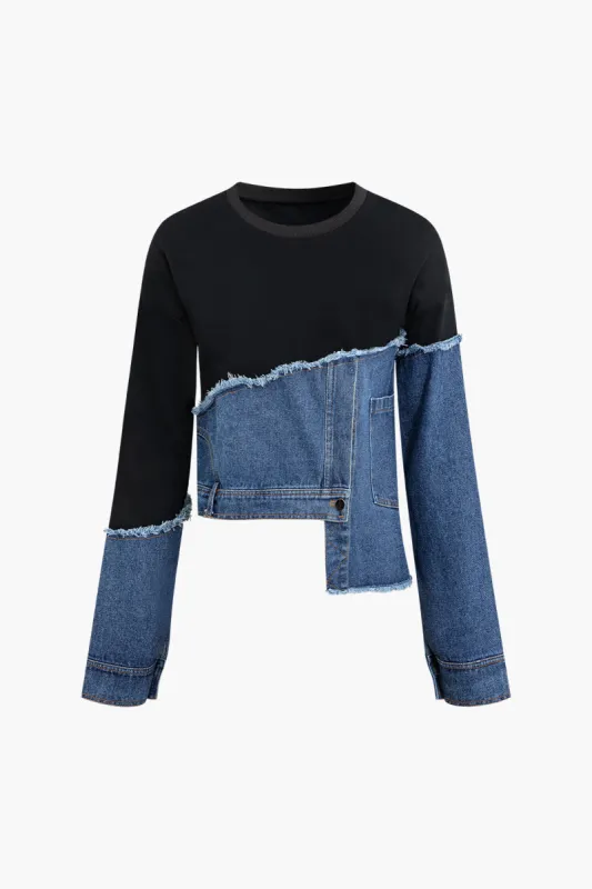 Denim Asymmetrical Patchwork Pocket Sweatshirt sold by Micas