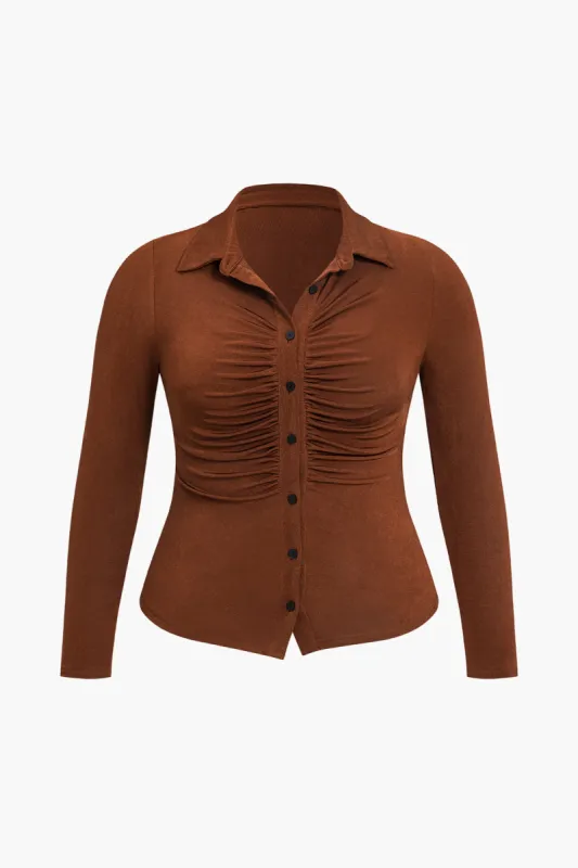 Plus Size solid knap rynket langærmet top sold by Micas