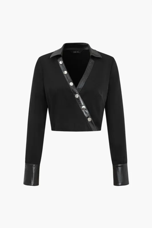 Faux Leather Patchwork Long-Sleeve Shirt sold by Micas