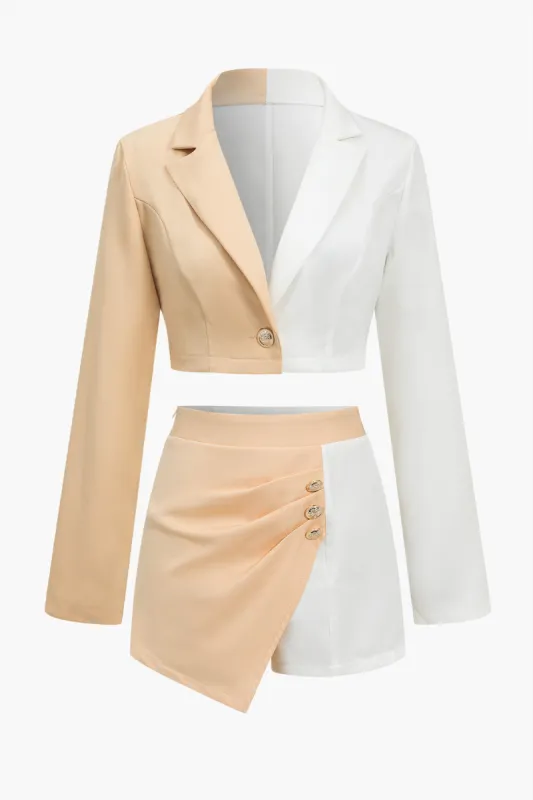 Farveblok beskåret blazer og knapdetaljer Skort Set sold by Micas