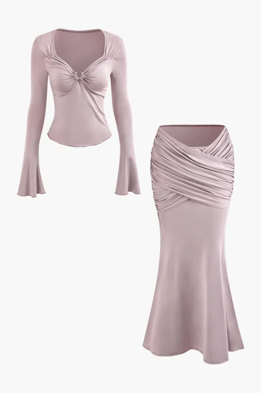 Ruched Twist Detail Flared Sleeve Top And Skirt Set sold by Micas