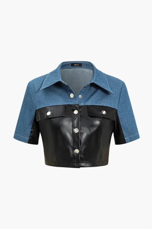 Faux Leather Button Patchwork Denim Shirt sold by Micas