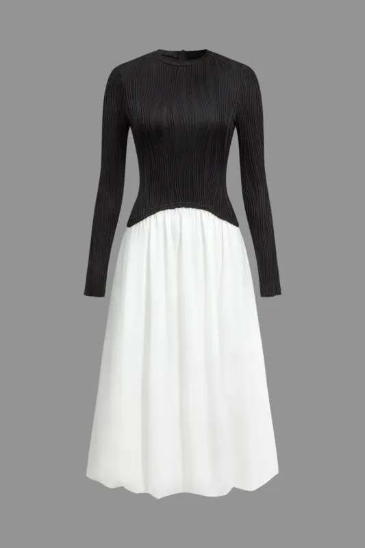 Contrast Ruched Long-Sleeve Midi Dress sold by Micas