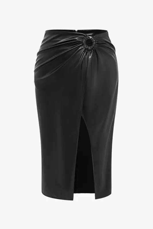 Plus Size Solid Faux Leather Slit Skirt sold by Micas