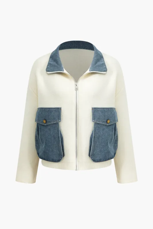 Denim Patchwork Pocket Sweater Cardigan sold by Micas