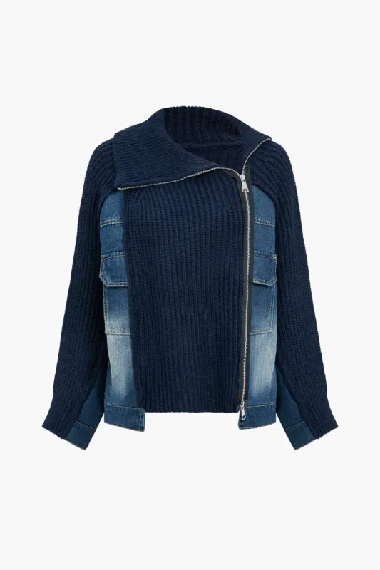 Solid lynlås detalje Patchwork sweater cardigan sold by Micas