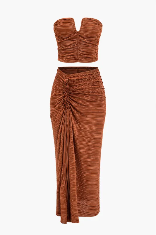 Ruched Bustier Crop Top And Draped Midi Skirt Set sold by Micas