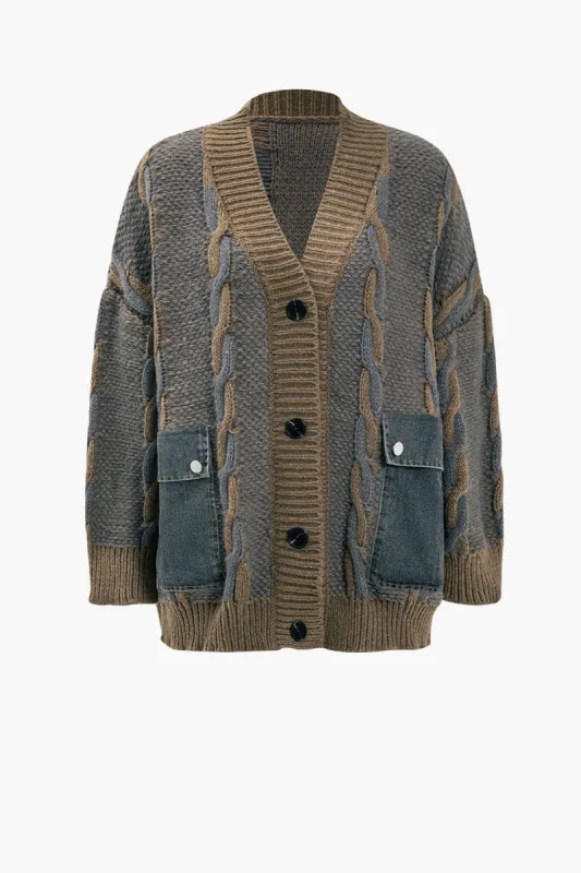 Knit Patchwork V-Neck Loose Cardigan sold by Micas