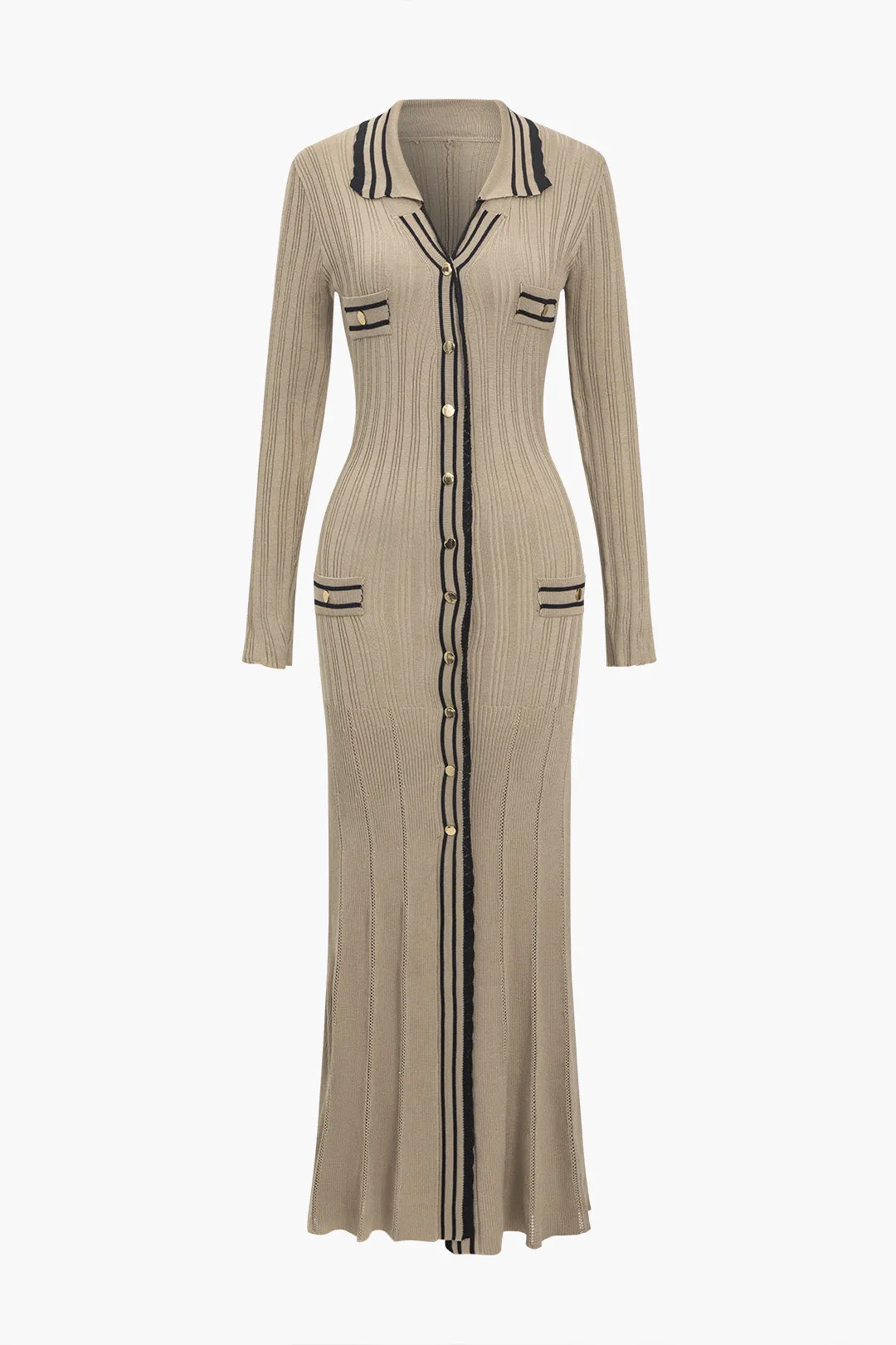 Color Block Print Strik knap Metallic Fake Pockets Kjole sold by Micas