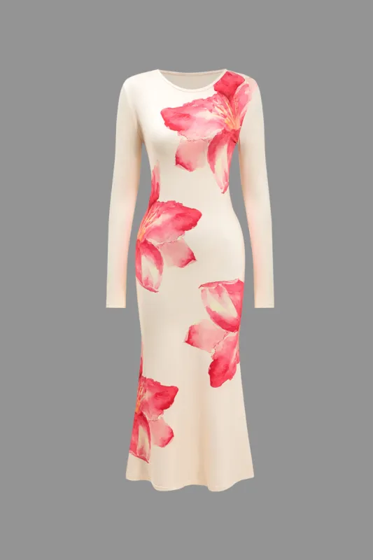 Blomsterprint langærmet rund hals midi kjole sold by Micas