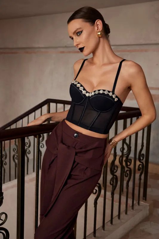 Rhinestone Trim Sheer Mesh Bustier Top sold by Micas