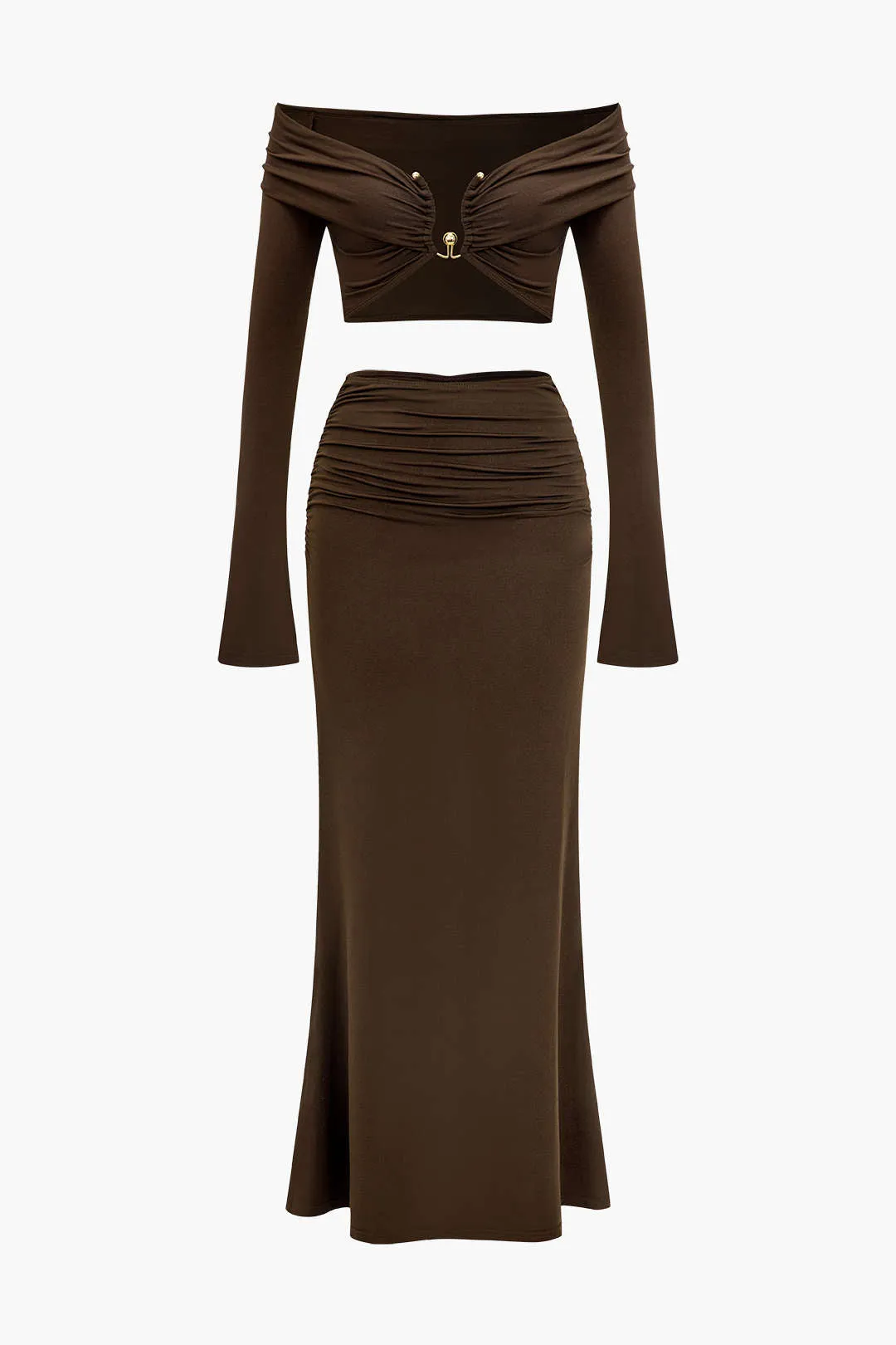 Off Shoulder Ruched Crop Top And Maxi Skirt Set sold by Micas product image thumbnail 2