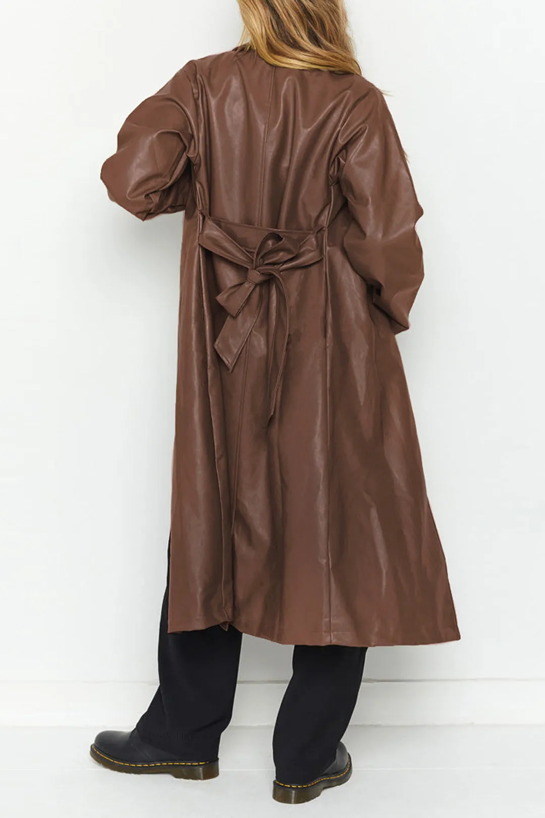 Solid Faux Leather Pocket Knot Long Coat sold by Micas product image thumbnail 3