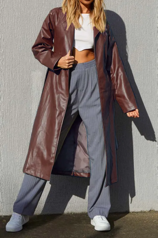 Solid Faux Leather Pocket Knot Long Coat sold by Micas