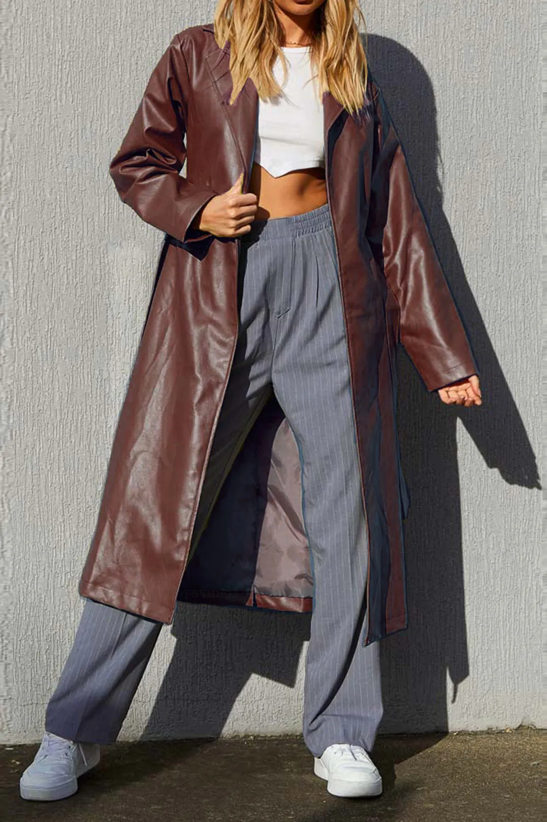 Solid Faux Leather Pocket Knot Long Coat sold by Micas