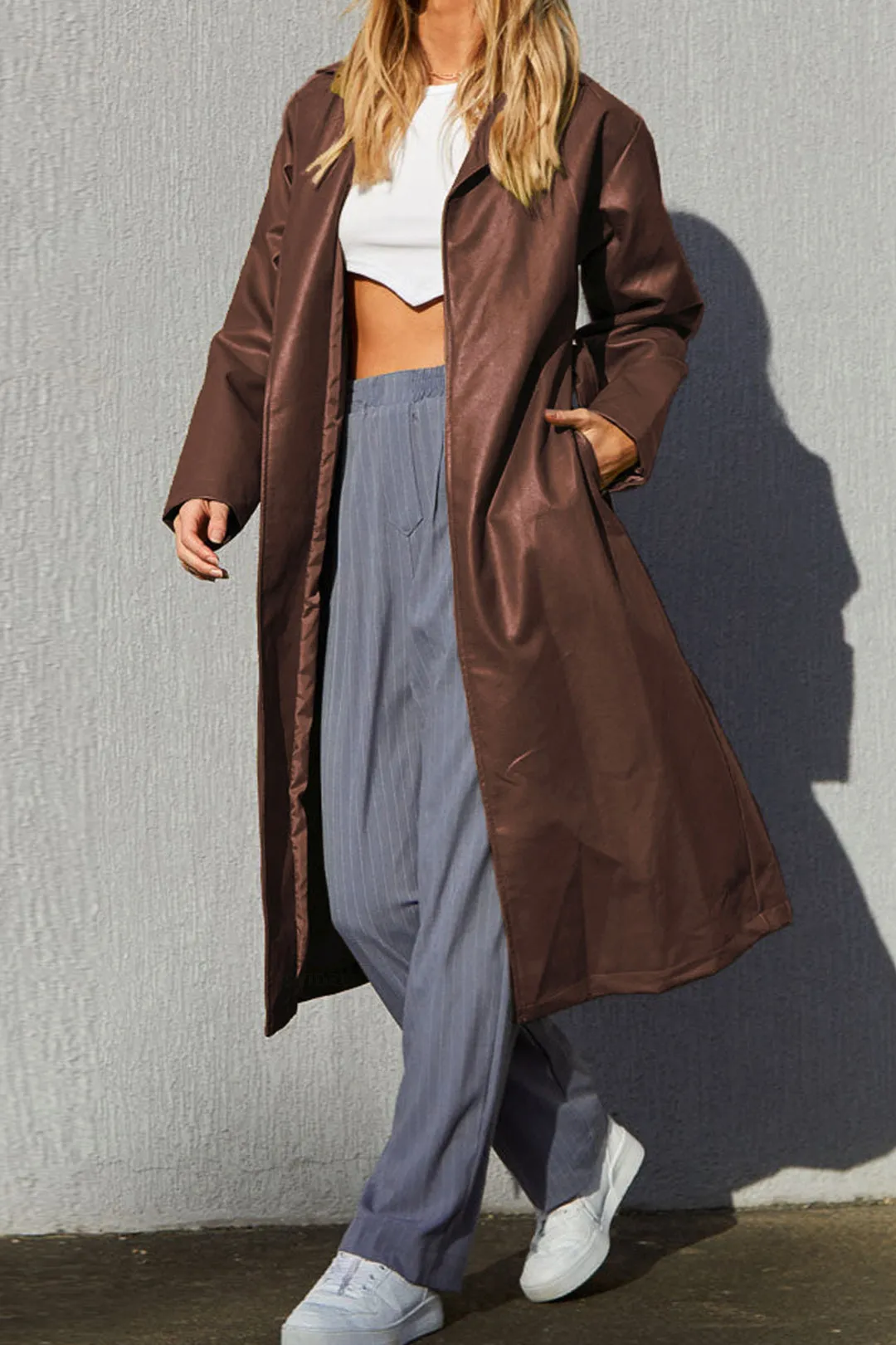 Solid Faux Leather Pocket Knot Long Coat sold by Micas product image thumbnail 2