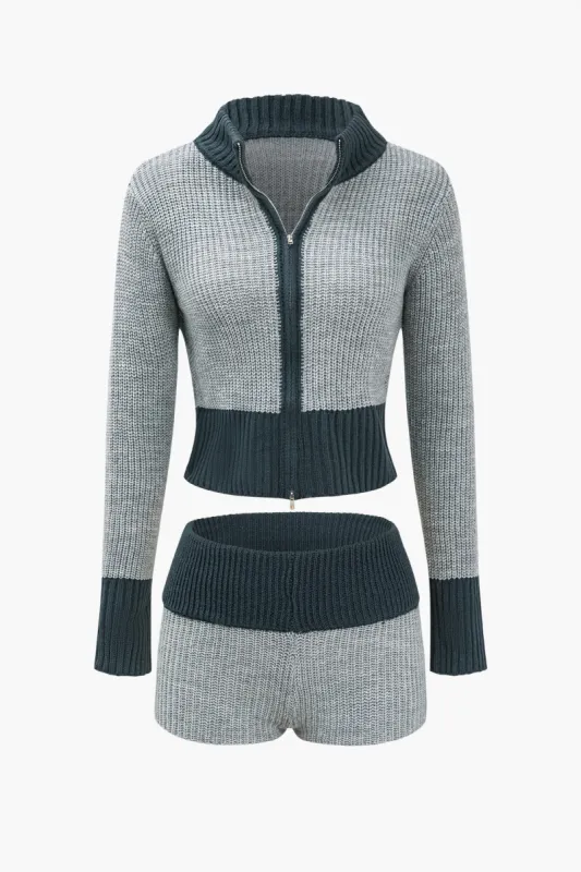 Kontrast lynlås strik sweater og shorts sæt sold by Micas