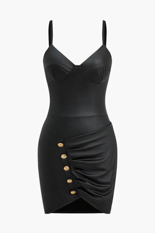 Solid Faux Leather Asymmetrical Bustier Button Mini Dress sold by Micas