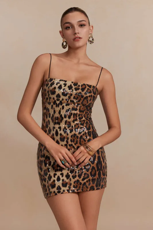 Leopard print pailletter Spaghetti strop mini kjole sold by Micas