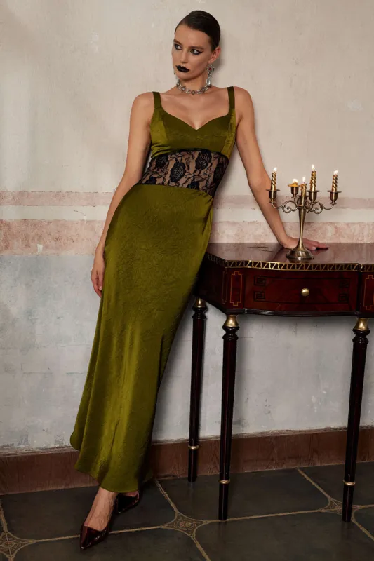 Lace Waist Contrast Satin Maxi Dress sold by Micas