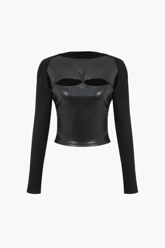 Solid Faux Leather Cut Out Patchwork Twist Knot Long-Sleeve Top sold by Micas
