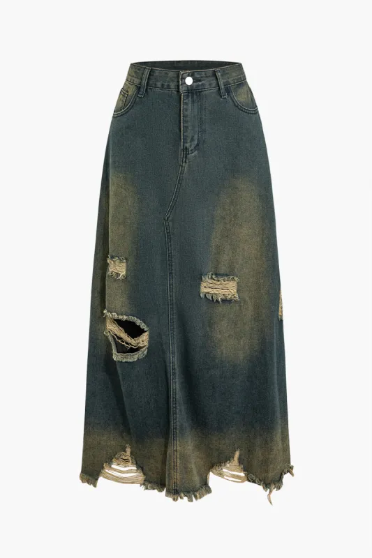 Flosset udskåret denimnederdel med knap vasket sold by Micas