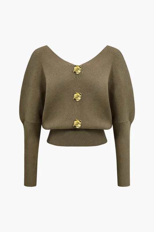 Solid knap V-hals sweater langærmet top sold by Micas
