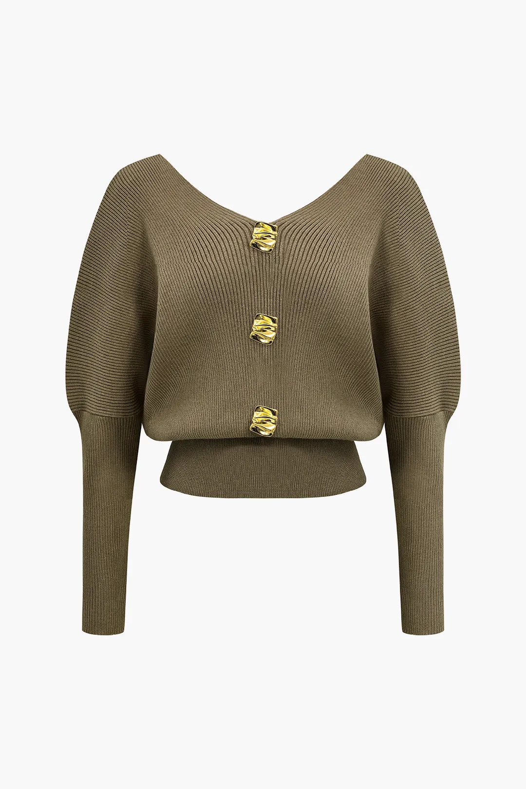 Solid knap V-hals sweater langærmet top sold by Micas
