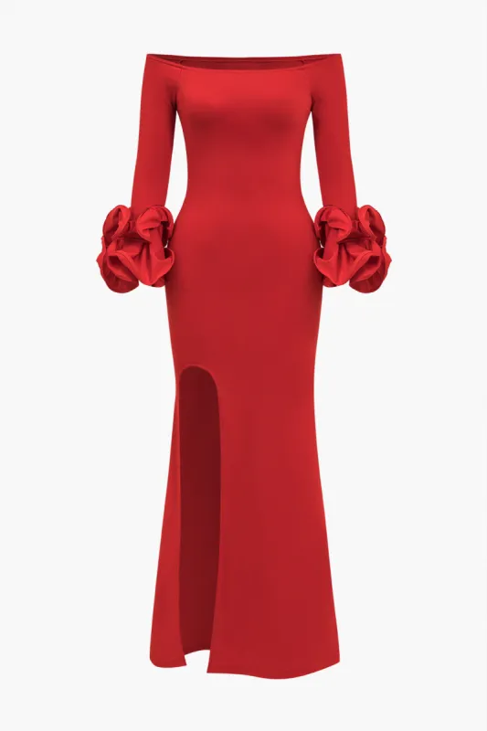 Solid  Off Shoulder Side Slit Maxi Dress sold by Micas