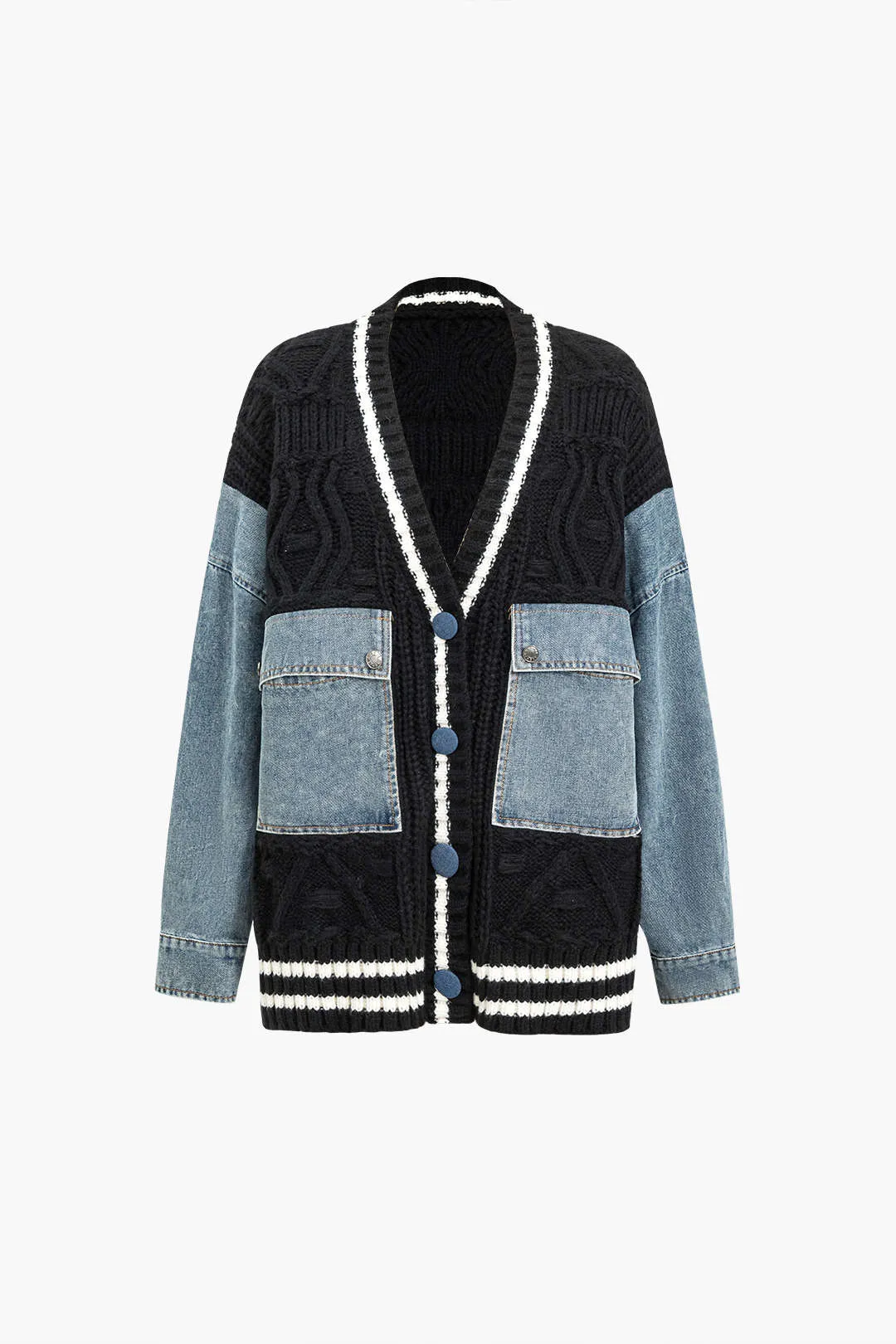 Button Patchwork Pocket Sweater Cardigan sold by Micas