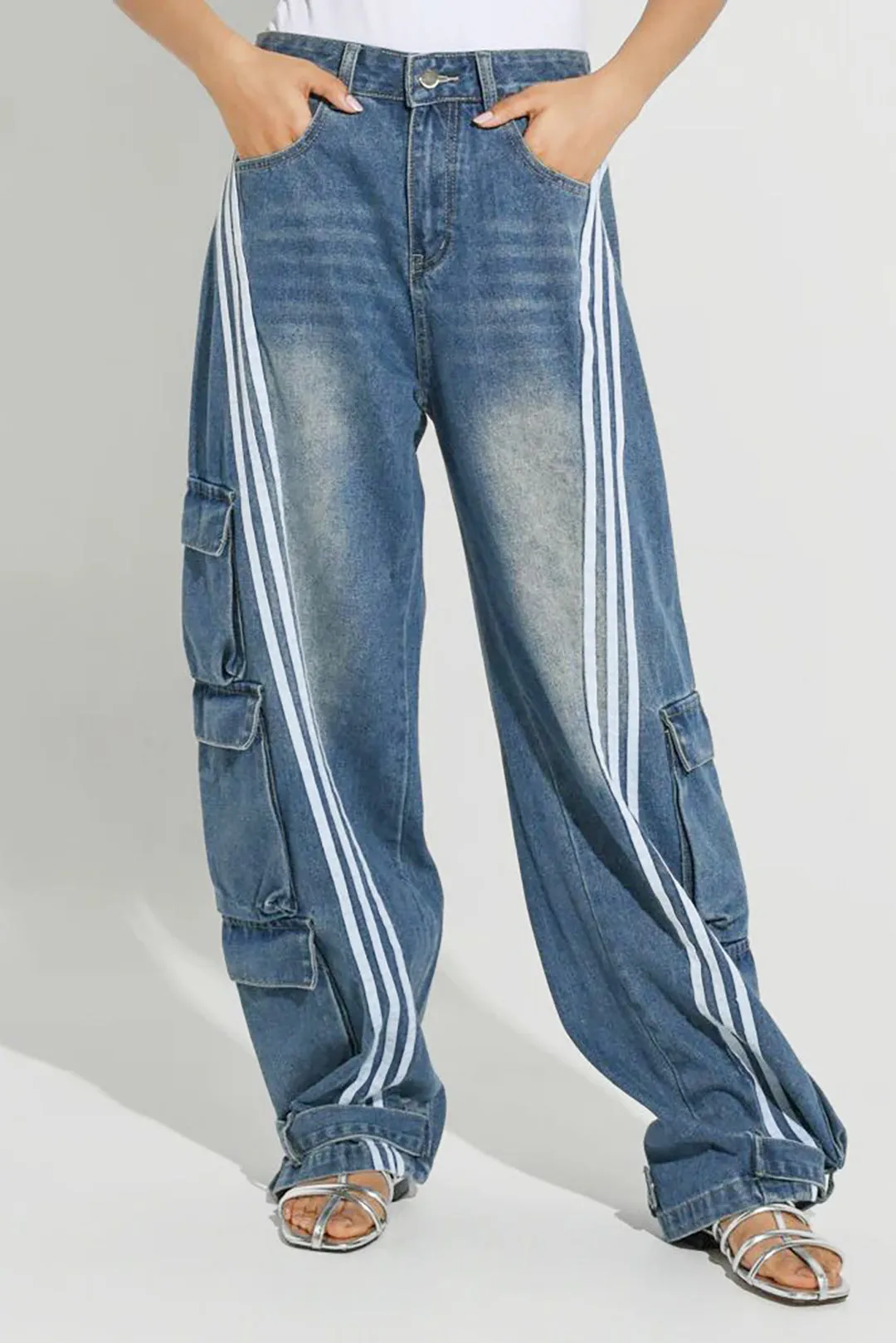 Denim Patchwork Pocket Cargo Wide Leg Jeans sold by Micas