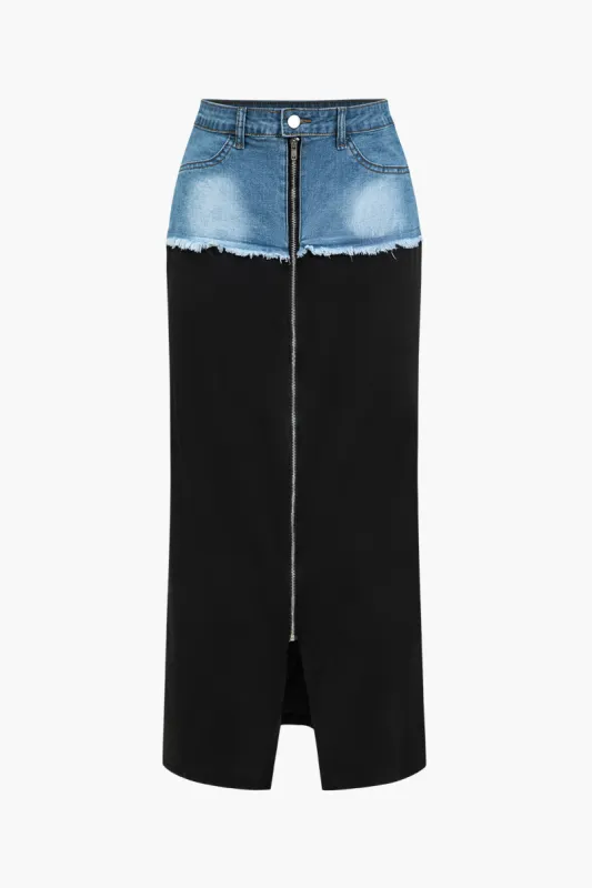 Denim Patchwork Zipper Skirt sold by Micas