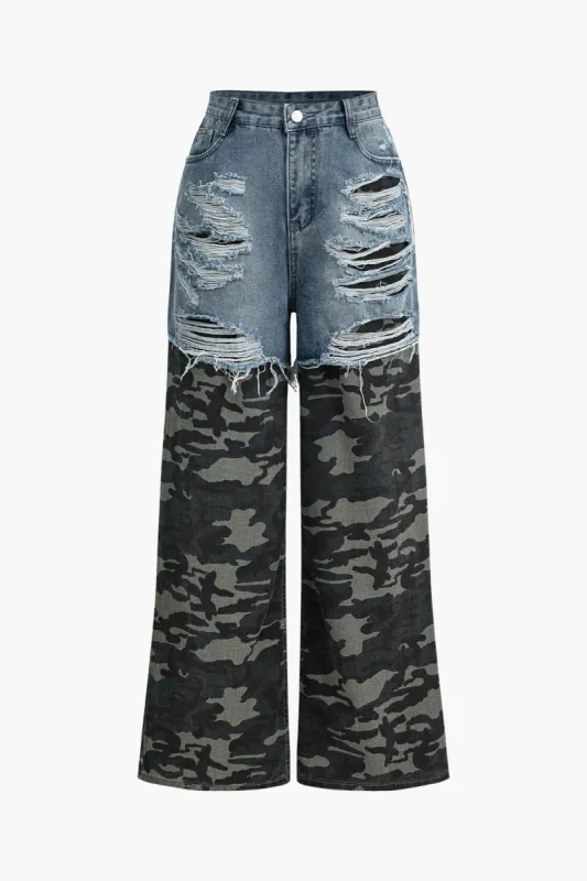 Camo print denim patchwork jeans sold by Micas