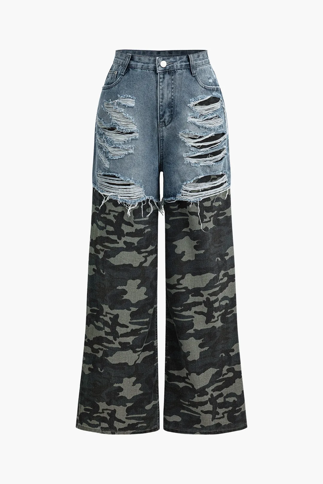Camo print denim patchwork jeans sold by Micas