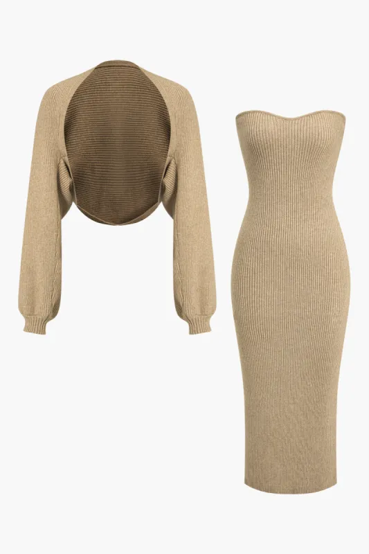 Ribbed strik stropløs midi -kjole og bolero sæt sold by Micas