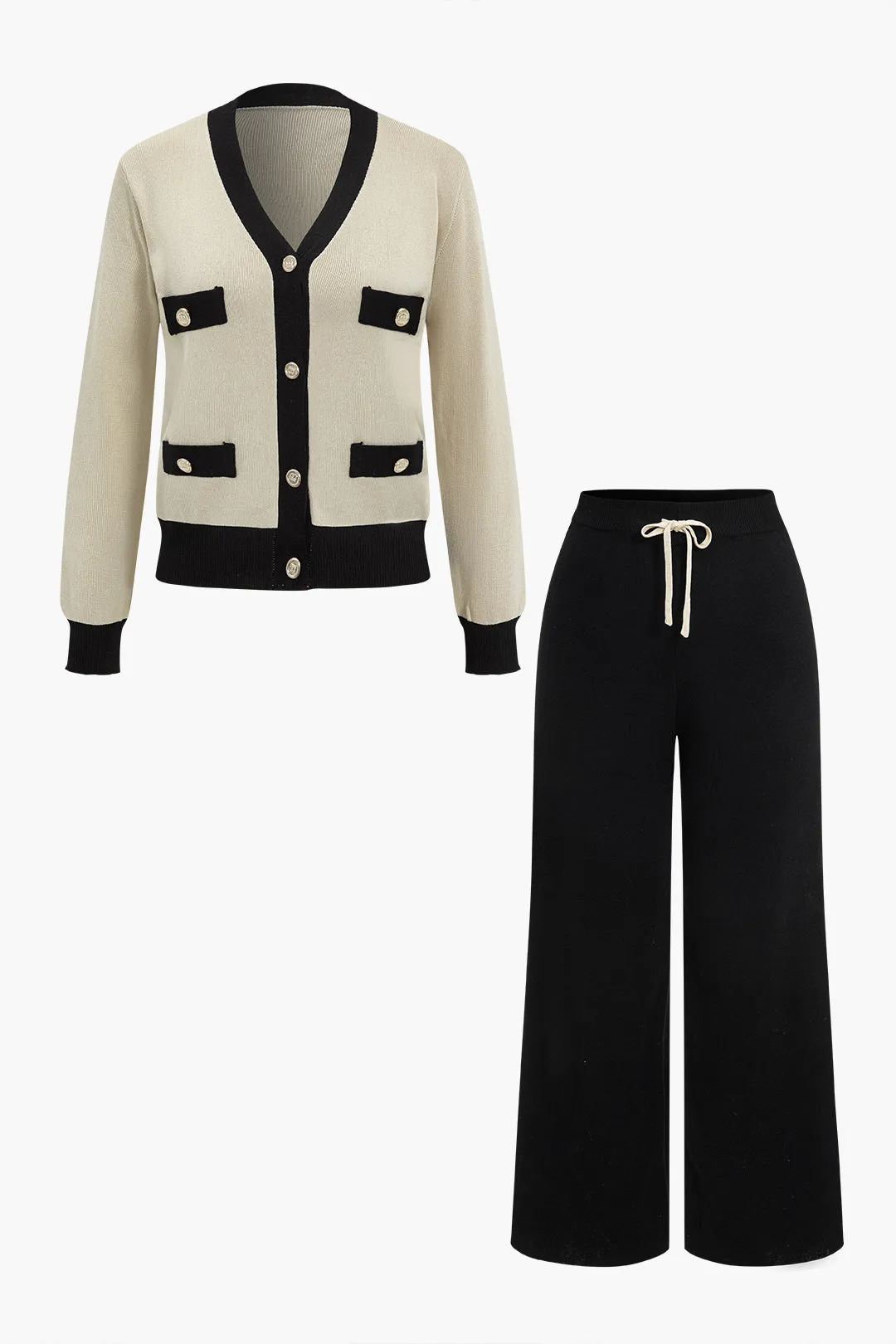 Patchwork v-hals sweater cardigan og bukser sæt sold by Micas