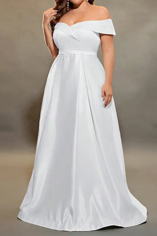Plus Size Solid Satin Off Shoulder Maxi Dress sold by Micas