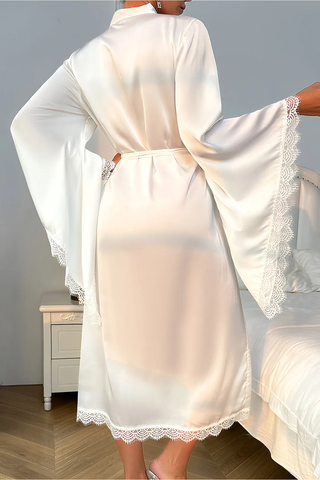 Basic Solid Satin Lace Luxury Long Sleeve Sleepwear Set sold by Micas product image thumbnail 2